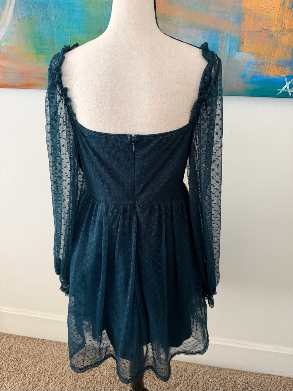 Lulus NWT Dreamy Sweetness Dark Teal Swiss Dot Ruffled Mini Babydoll Dress XL - Picture 8 of 13